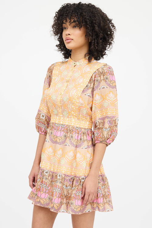 Sandro Linen Floral Ruffled Dress