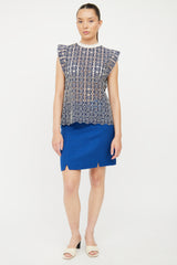 Sandro Navy & White Eyelet Snap Back Blouse