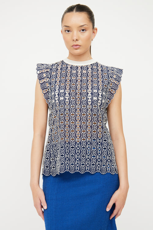 Sandro Navy & White Eyelet Snap Back Blouse