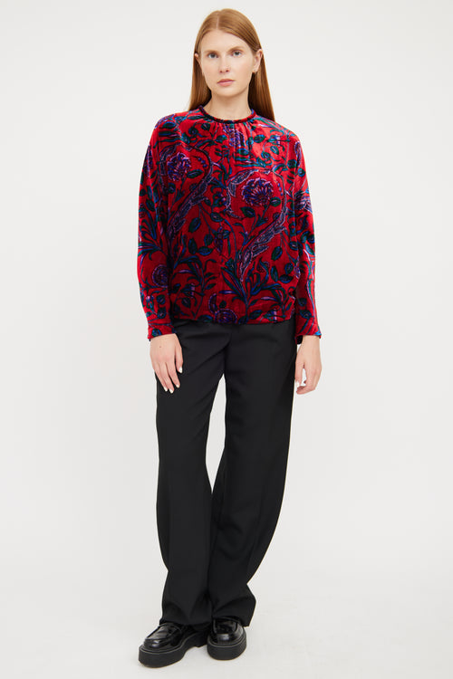 Sandro Red Velvet & Floral Pattern Shirt