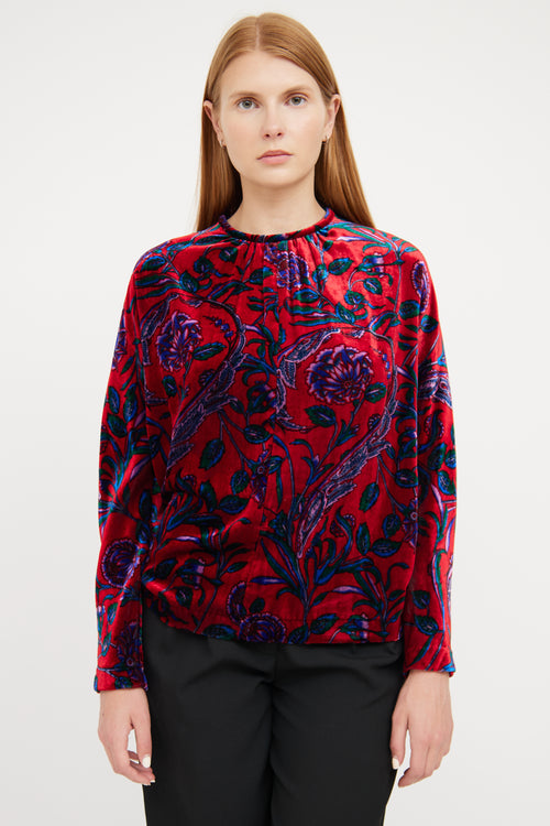 Sandro Red Velvet & Floral Pattern Shirt