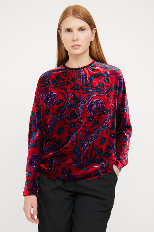 Sandro Red Velvet & Floral Pattern Shirt