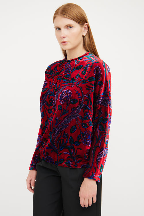 Sandro Red Velvet & Floral Pattern Shirt