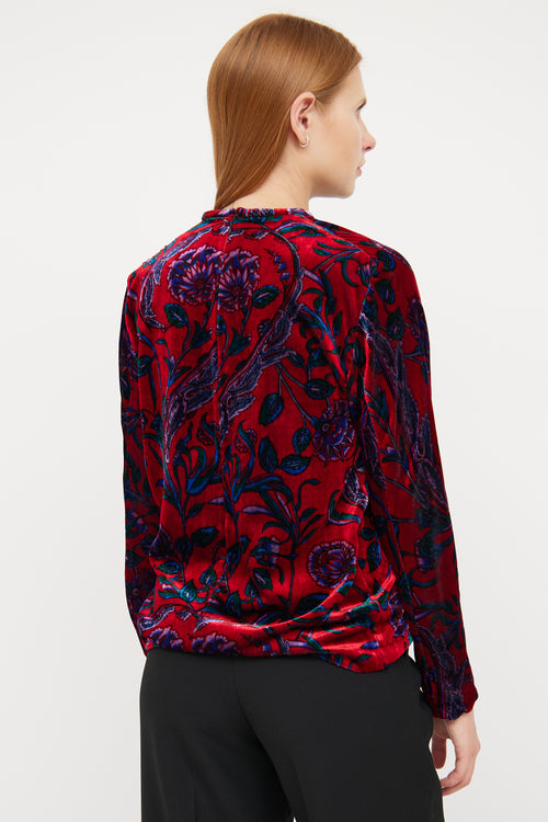 Sandro Red Velvet & Floral Pattern Shirt