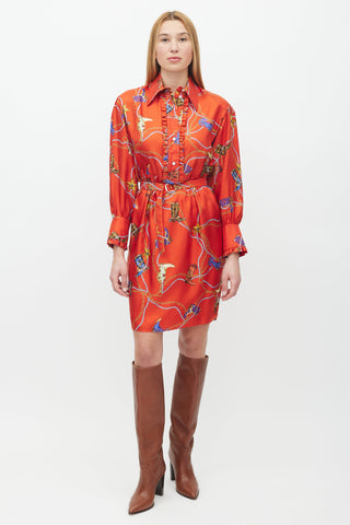 Sandro Red & Multicolour Silk Chain Belted Dress
