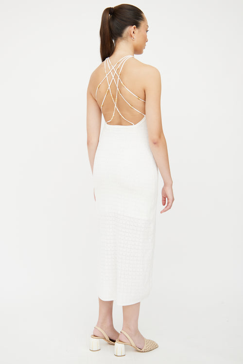 Sandro White Fitted Knit Maxi & Bead Detail Dress