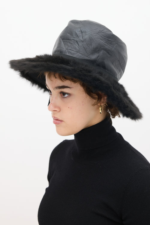 Schaparelli Black Leather Faux Fur Hat