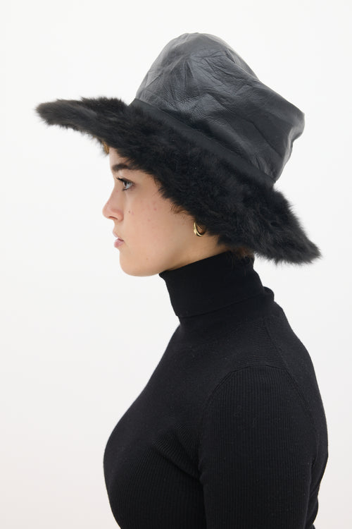 Schaparelli Black Leather Faux Fur Hat