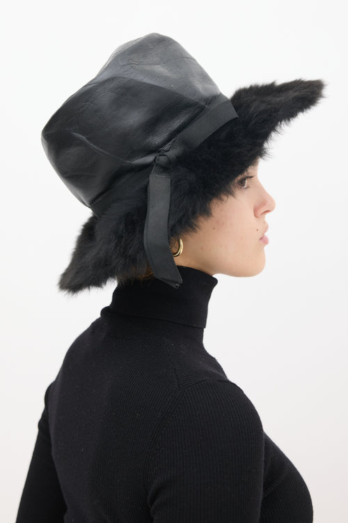 Schaparelli Black Leather Faux Fur Hat