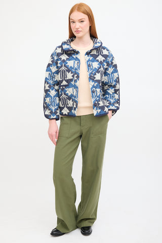 Sea Navy & White Cotton Printed Quilted Jacket