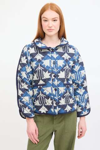 Sea Navy & White Cotton Printed Quilted Jacket