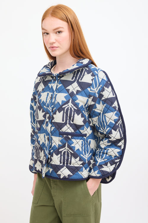 Sea Navy & White Cotton Printed Quilted Jacket