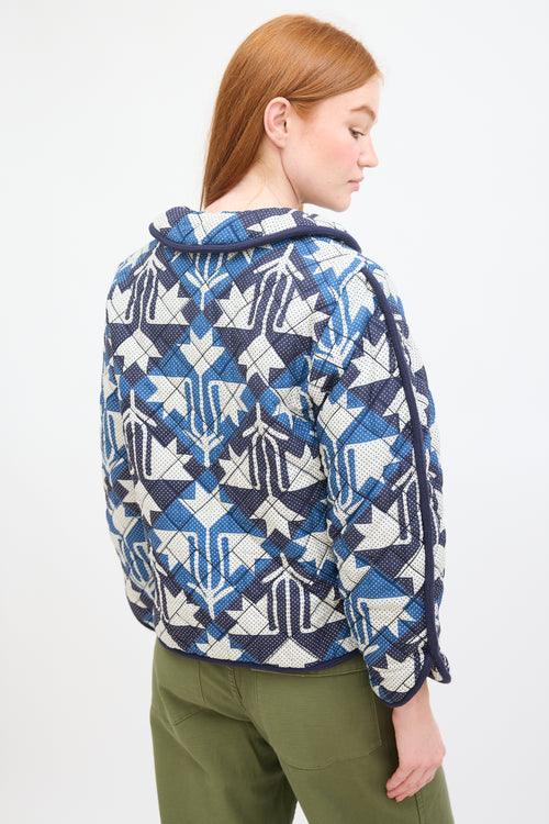 Sea Navy & White Cotton Printed Quilted Jacket