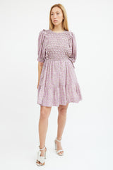 Sea Purple & Beige Floral Smocked Midi Dress