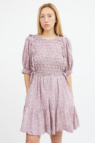 Sea Purple & Beige Floral Smocked Midi Dress