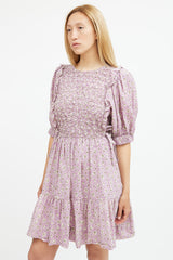Sea Purple & Beige Floral Smocked Midi Dress