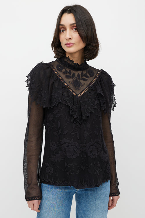 See By Chloè Black Lace Floral Ruffle Top