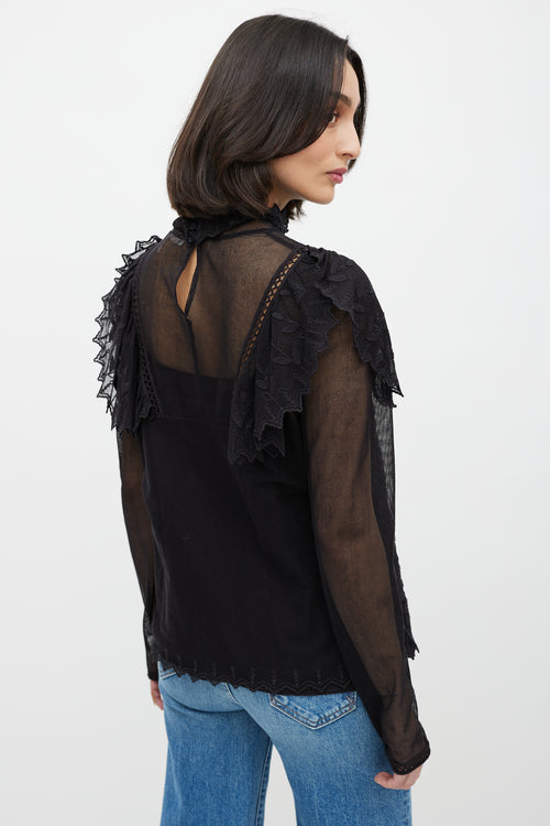 See By Chloè Black Lace Floral Ruffle Top