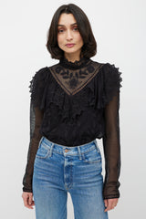 See By Chloè Black Lace Floral Ruffle Top
