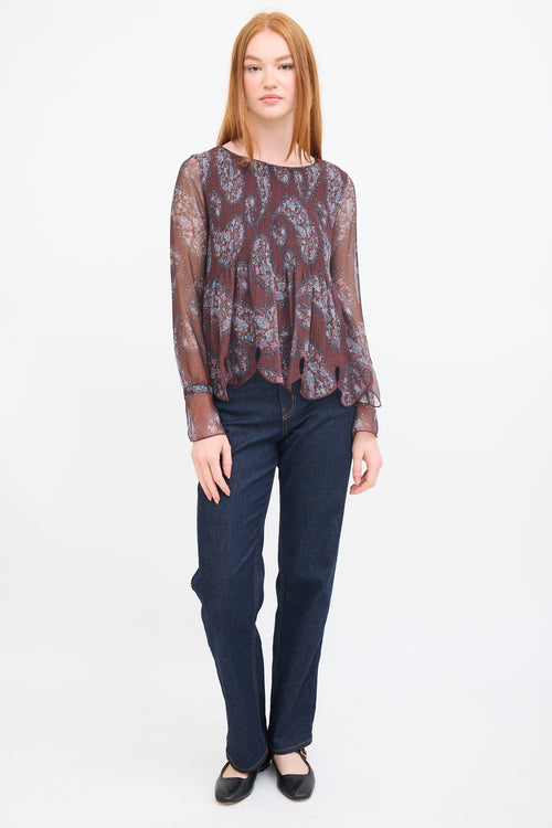 See By Chloè Burgundy & Multi Paisley Plissé Blouse