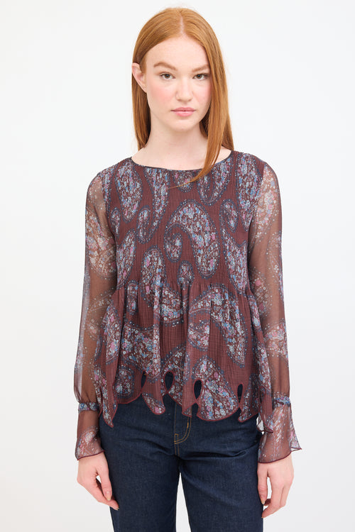 See By Chloè Burgundy & Multi Paisley Plissé Blouse