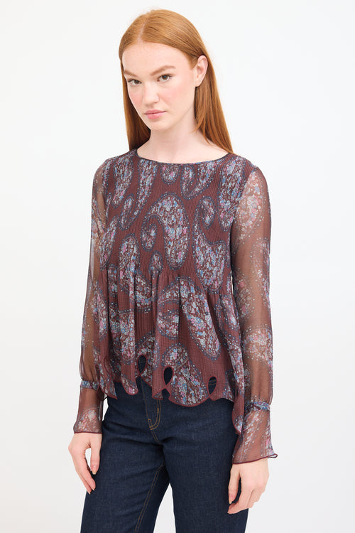 See By Chloè Burgundy & Multi Paisley Plissé Blouse