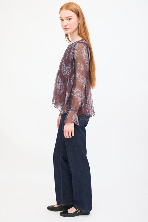 See By Chloè Burgundy & Multi Paisley Plissé Blouse