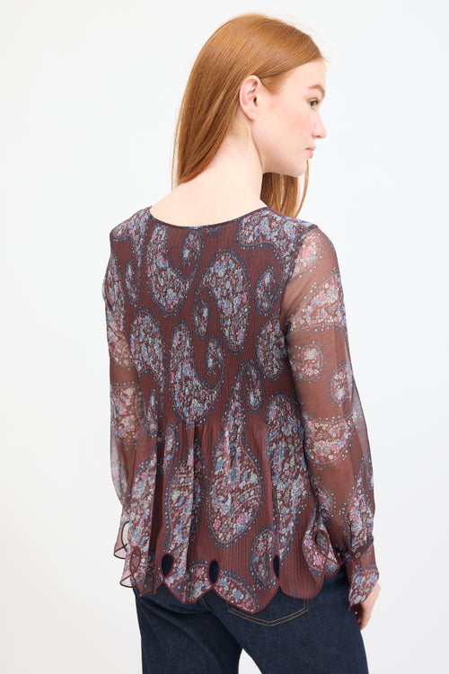 See By Chloè Burgundy & Multi Paisley Plissé Blouse