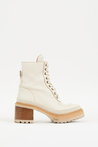 See by Chloé Cream Leather Mahalia Heeled Combat Boot