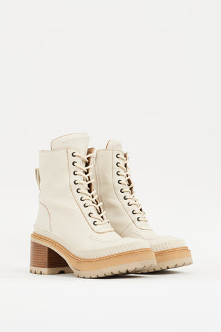 See by Chloé Cream Leather Mahalia Heeled Combat Boot