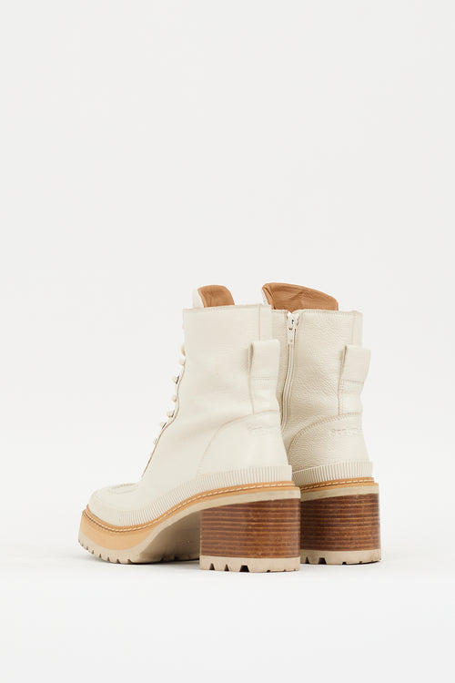 See by Chloé Cream Leather Mahalia Heeled Combat Boot