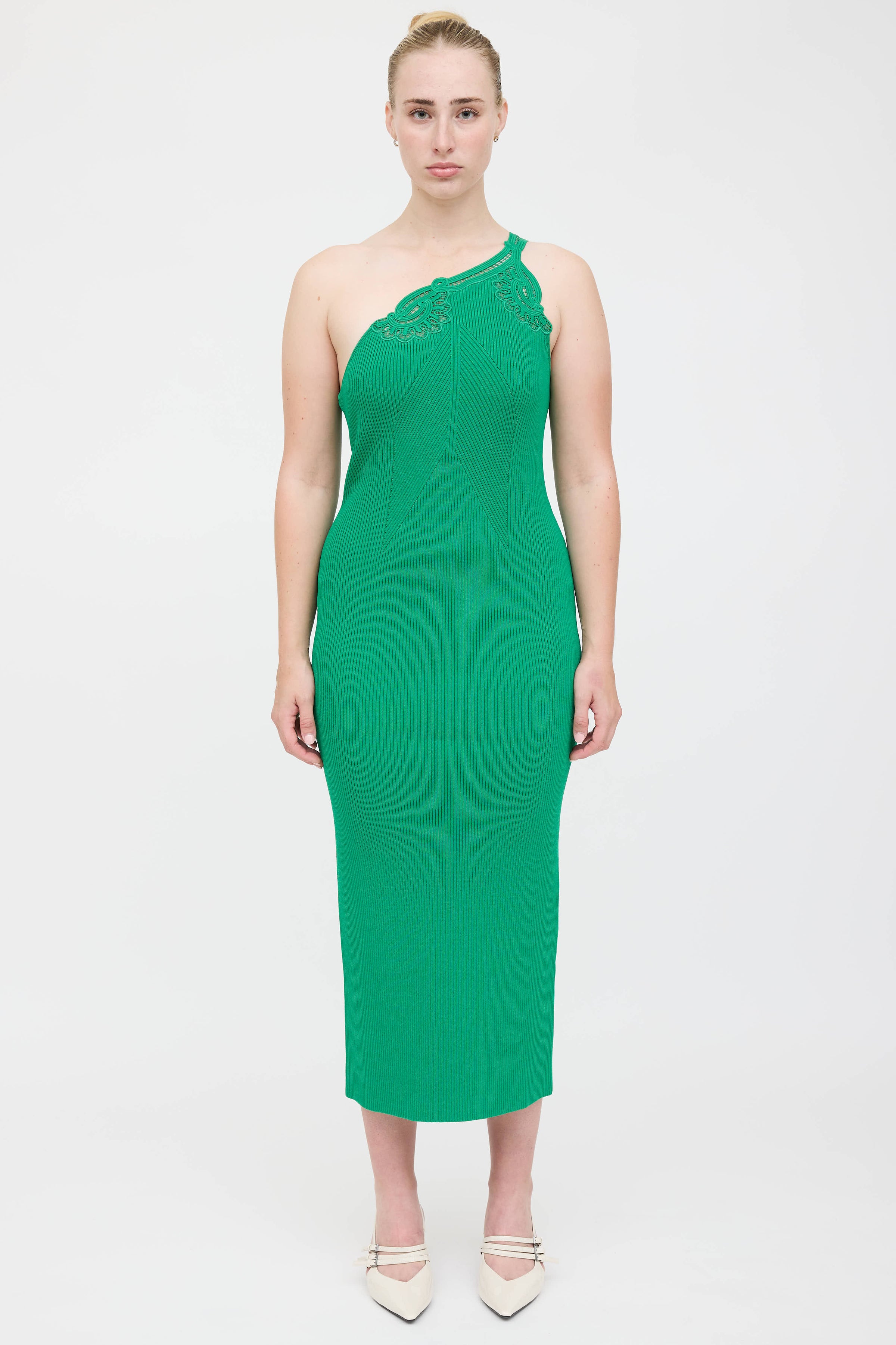 self portrait one shoulder dress self-portrait Jersey One Shoulder Ruched Midi Dress in Dark Green