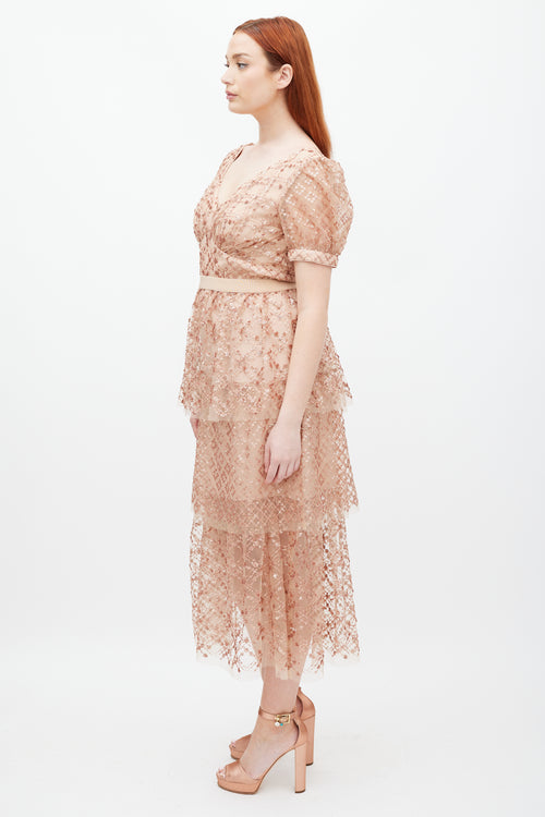 Self-Portrait Beige Grid Sequin Tiered Dress