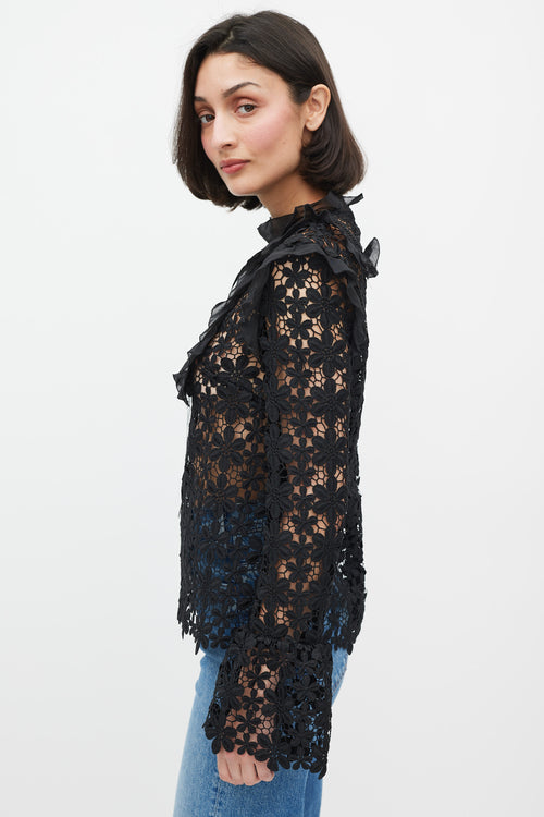 Self-Portrait Black Floral Lace Ruffle Trim Top