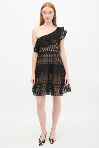 Self-Portrait Black Guipure Lace One Shoulder Dress