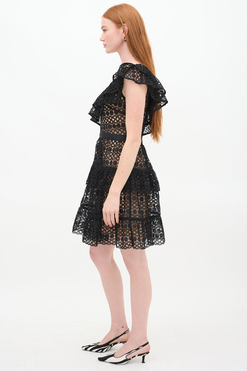 Self-Portrait Black Guipure Lace One Shoulder Dress