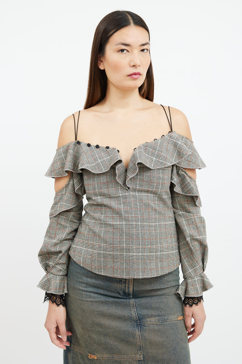 Self-Portrait Grey & Orange Glen Check Ruffle Top