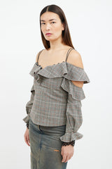 Self-Portrait Grey & Orange Glen Check Ruffle Top