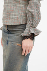 Self-Portrait Grey & Orange Glen Check Ruffle Top