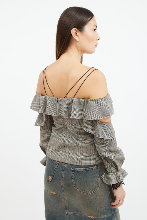 Self-Portrait Grey & Orange Glen Check Ruffle Top