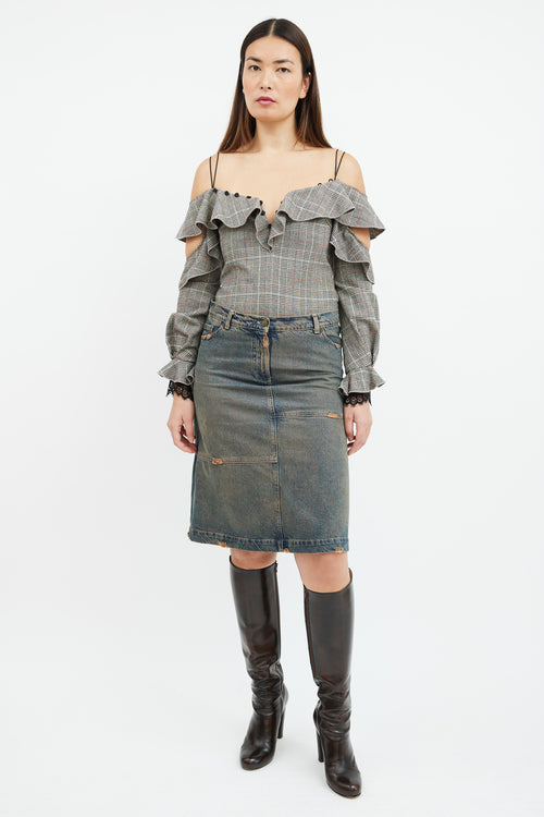 Self-Portrait Grey & Orange Glen Check Ruffle Top