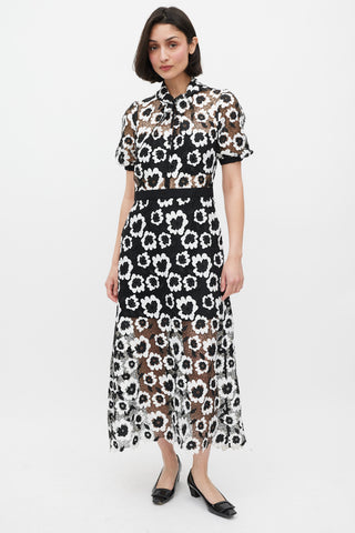 Self-Portrait Black & White Short Sleeve Abstract Guipure Dress