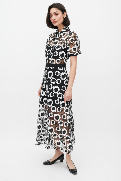 Self-Portrait Black & White Short Sleeve Abstract Guipure Dress