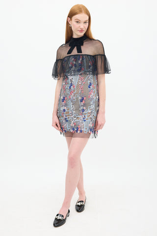 Self-Portrait Black & Multicolour Floral Embroidered Flounce Overlay Dress