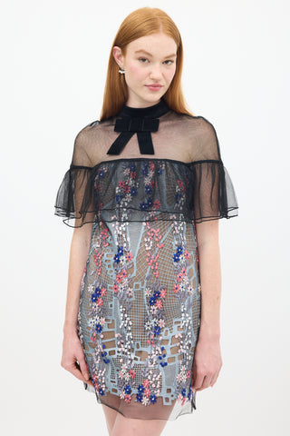 Self-Portrait Black & Multicolour Floral Embroidered Flounce Overlay Dress