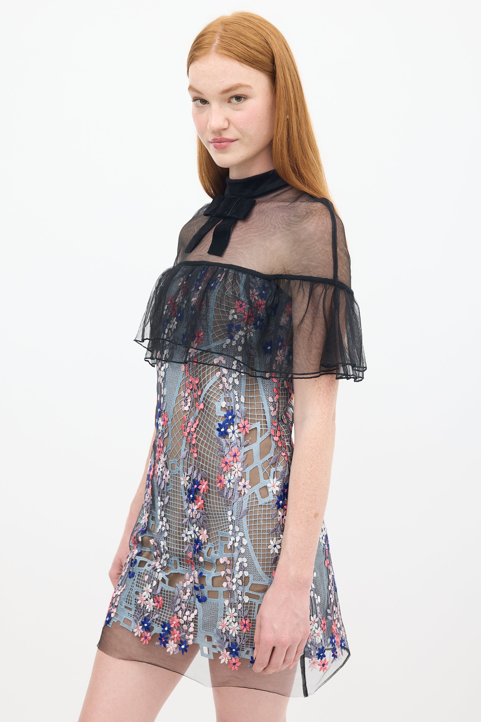 Self-Portrait // Black & Multicolour Floral Embroidered Flounce Overlay Dress VSP Consignment Self-Portrait // Black & Multicolour Floral Embroidered Flounce Overlay Dress VSP Consignment