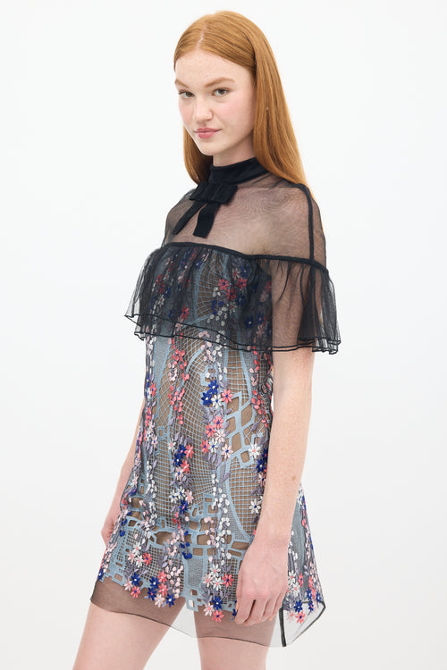 Self-Portrait Black & Multicolour Floral Embroidered Flounce Overlay Dress