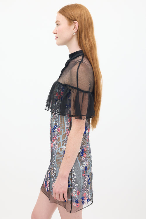 Self-Portrait Black & Multicolour Floral Embroidered Flounce Overlay Dress