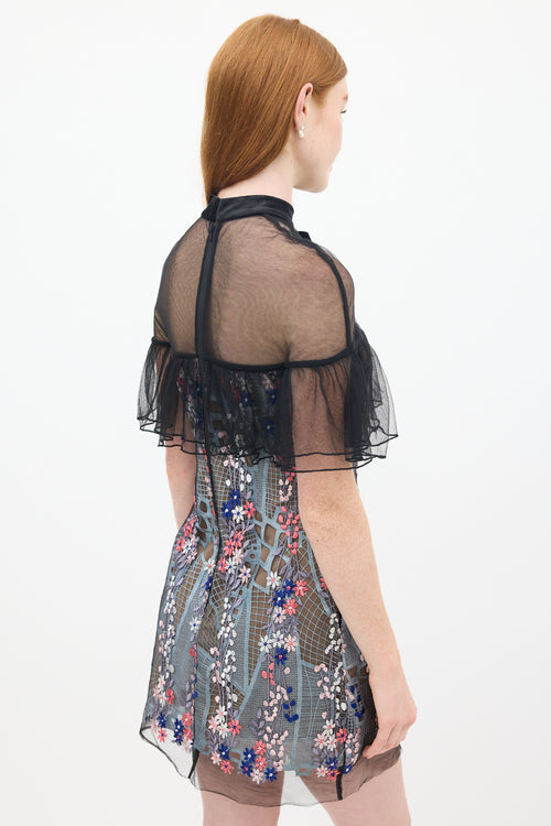 Self-Portrait Black & Multicolour Floral Embroidered Flounce Overlay Dress