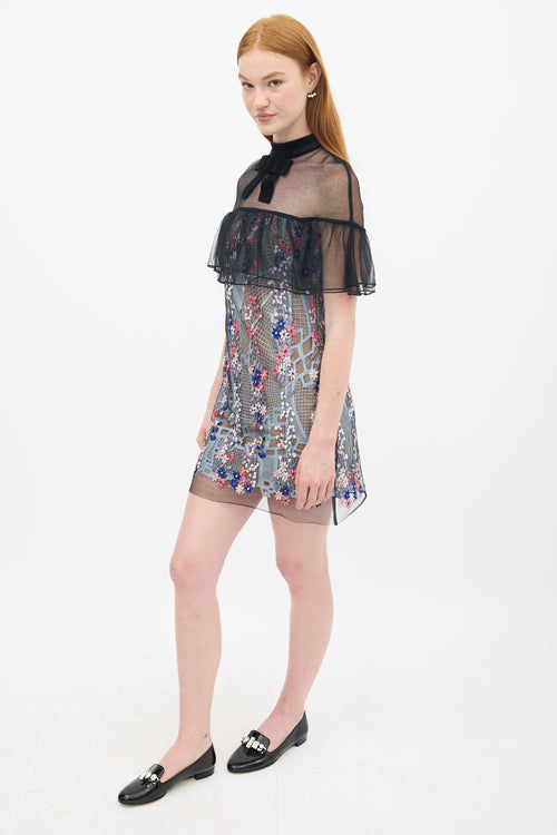 Self-Portrait Black & Multicolour Floral Embroidered Flounce Overlay Dress